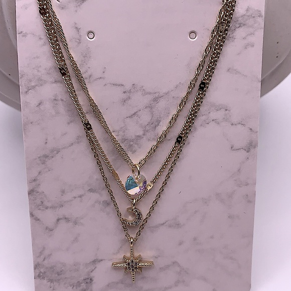 Triple Strand Gold Chains With CZ NorthStar, Moon and Crystal Drop Charms - NEW - Picture 6 of 6